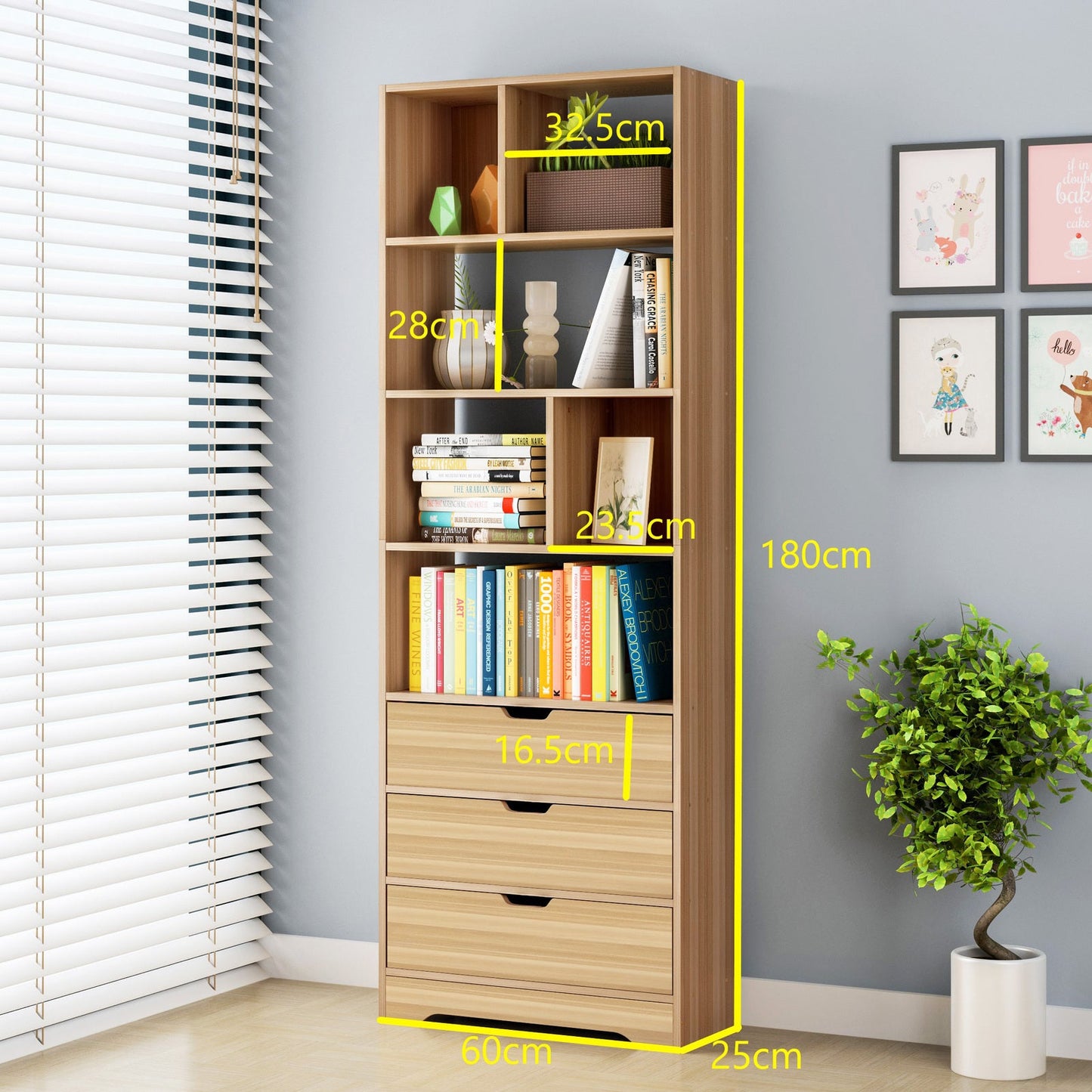 1.8m Tall Shelf Cupboard Bookshelf Wardrobe with Drawers Oak