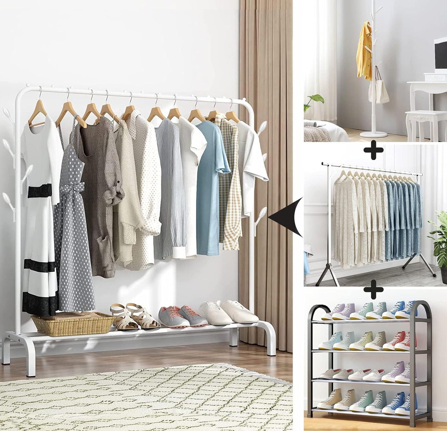 1.5m Wide Coat Hanging Stand Wardrobe Clothes Hanger Rack White