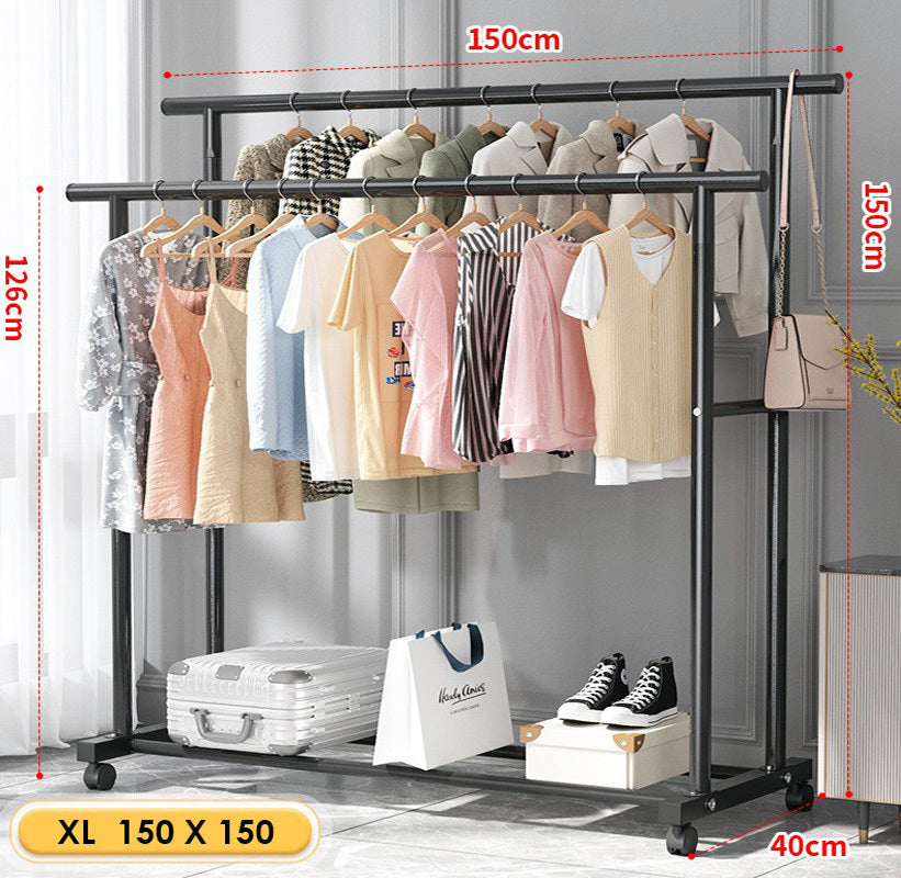 1.5m Wide Double Coat Hanging Stand Wardrobe Clothes Hanger Rack Black