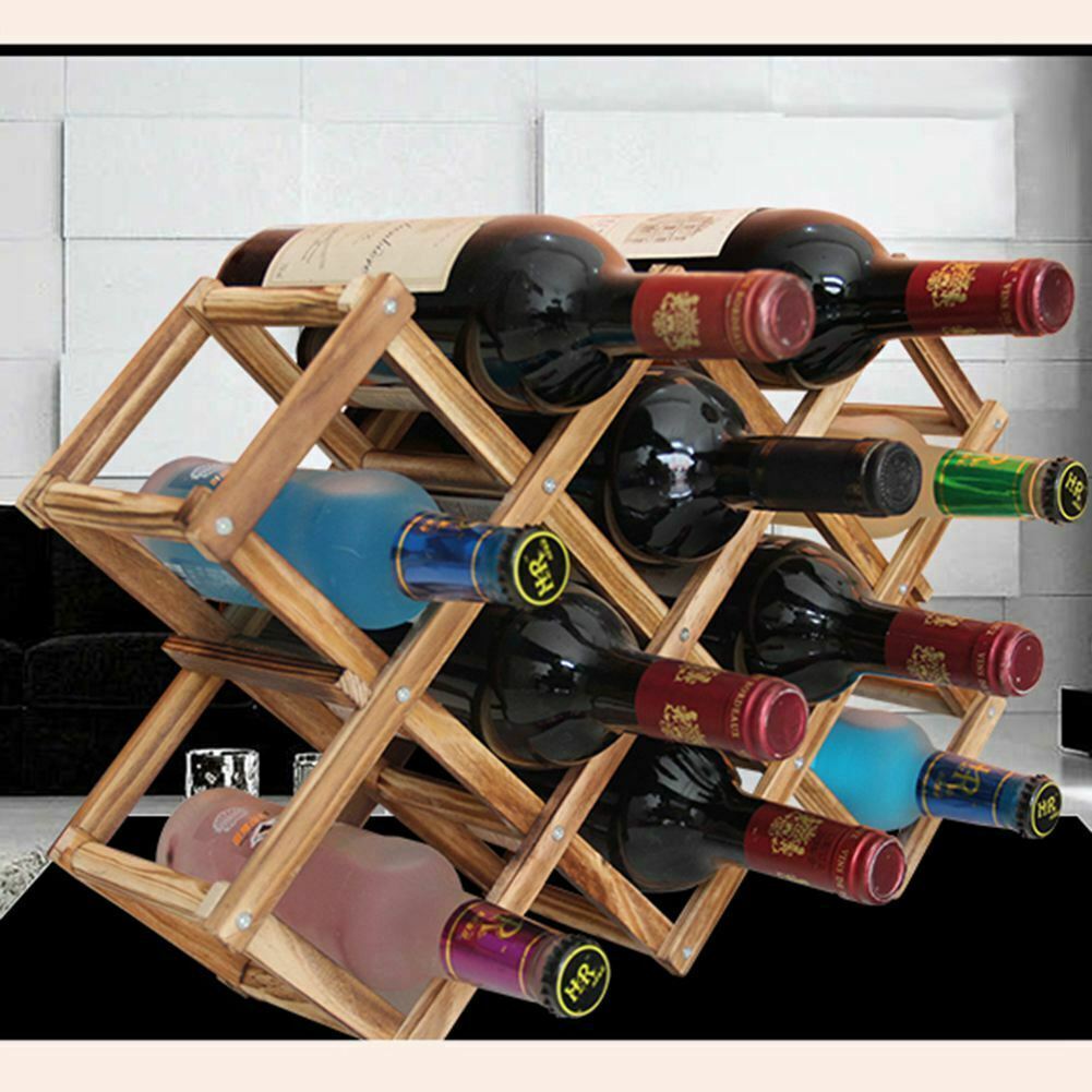 10 Bottle Wooden Wine Rack Folding Holder Bar Display Shelf Organizer