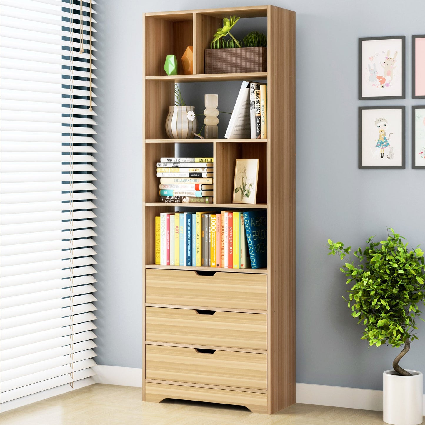 1.8m Tall Shelf Cupboard Bookshelf Wardrobe with Drawers Oak